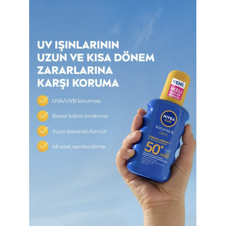 NIVEA SUN SPF50+ Yüksek Güneş Koruyucu ve Nemlendirici Sprey 200ml, Suya Dayanıklı, Yeni Nesil UV Filtresi