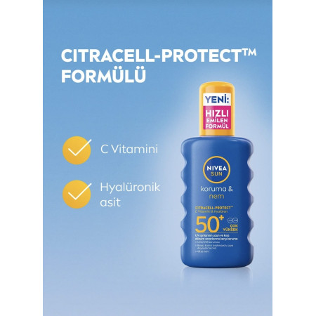 NIVEA SUN SPF50+ Yüksek Güneş Koruyucu ve Nemlendirici Sprey 200ml, Suya Dayanıklı, Yeni Nesil UV Filtresi